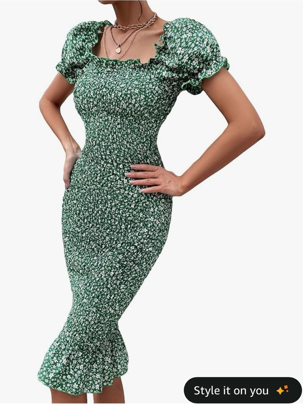 Amazon Green Floral Smocked Midi Dress with Puff Sleeves